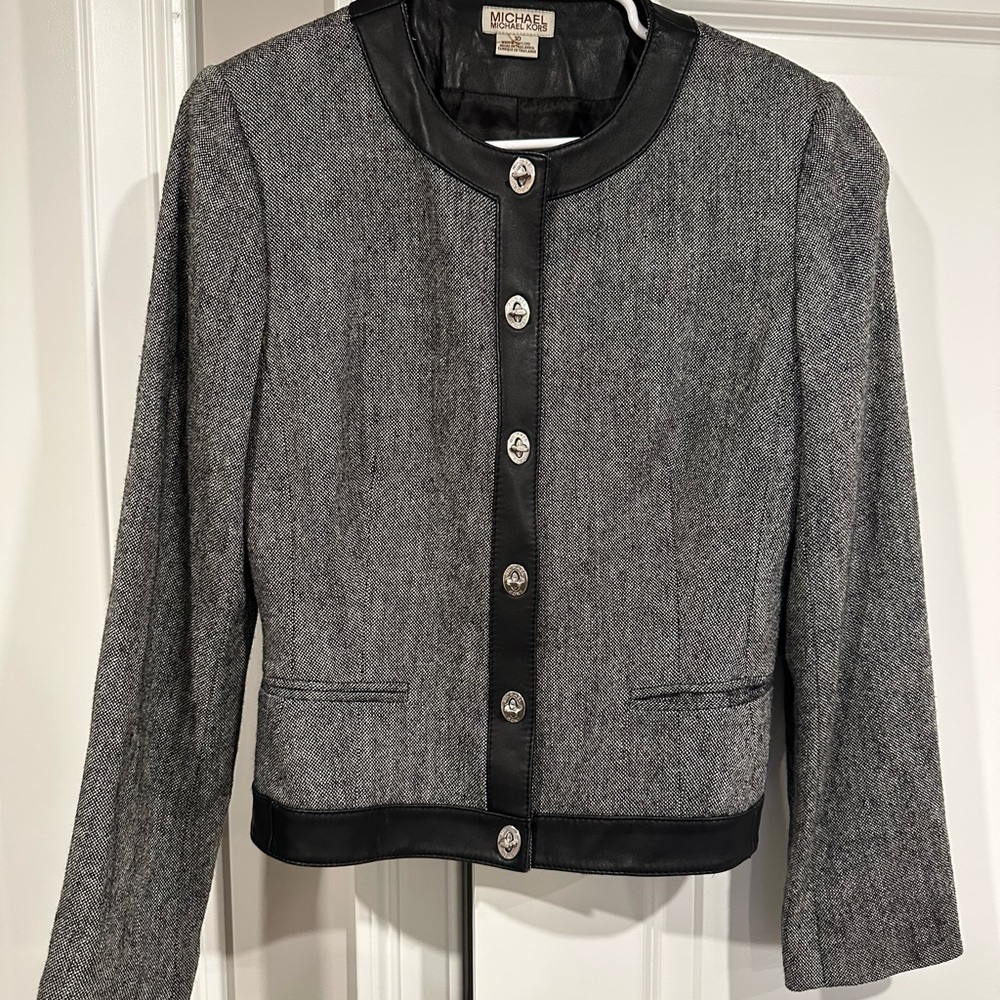 Michael Kors Women's Black and White Jacket with Black Trim